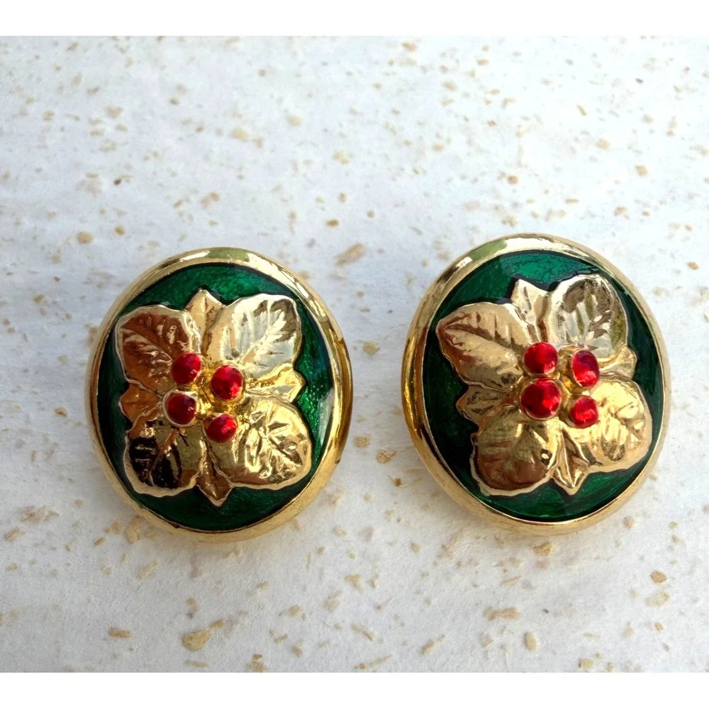 Vintage Danecraft Christmas Holly Berry Green Red Enamel Clip on Earrings Gold